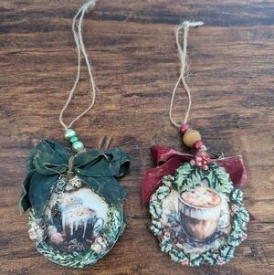 🌻HANDMADE Vintage Hot Chocolate Christmas Tree Ornaments-Set Of 2- Victorian